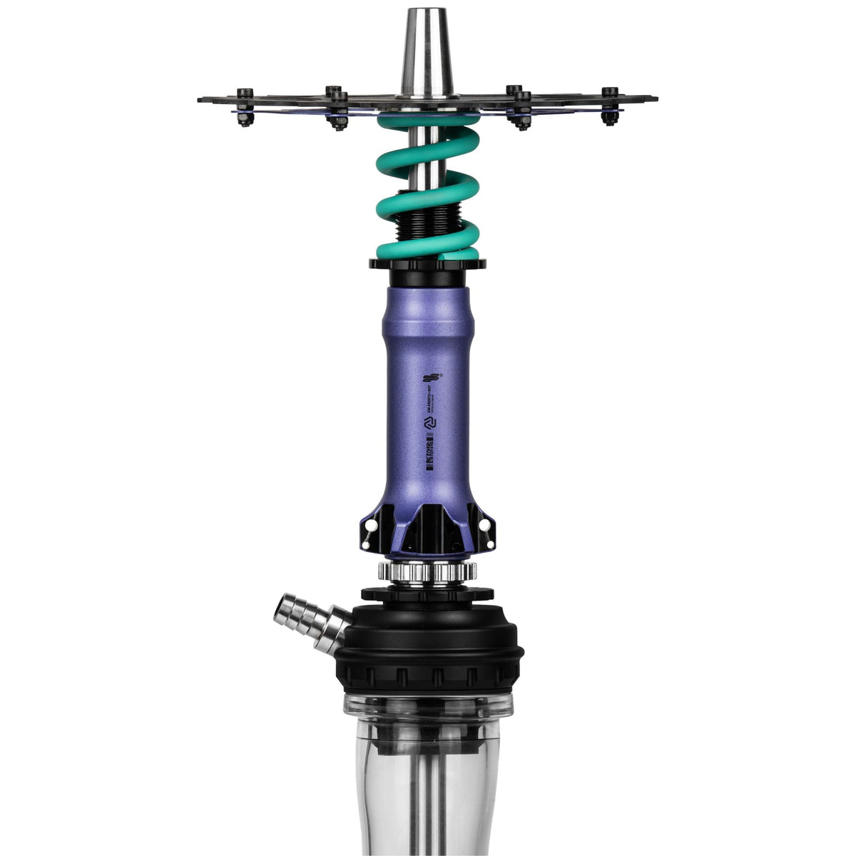 Amotion Pedal RX Grape shock-absorber detail — teal coil spring over the purple anodised sleeve with bike-style mounts, image 5 of 7
