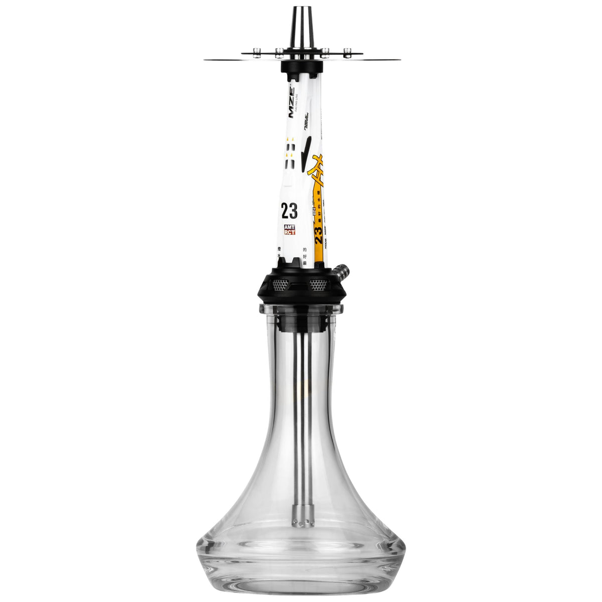 Amotion Valve AM23 shisha front view, the 52cm motorsport flagship with high-gloss white-and-yellow painted-aluminium sleeve and MZE decals, image 2 of 12