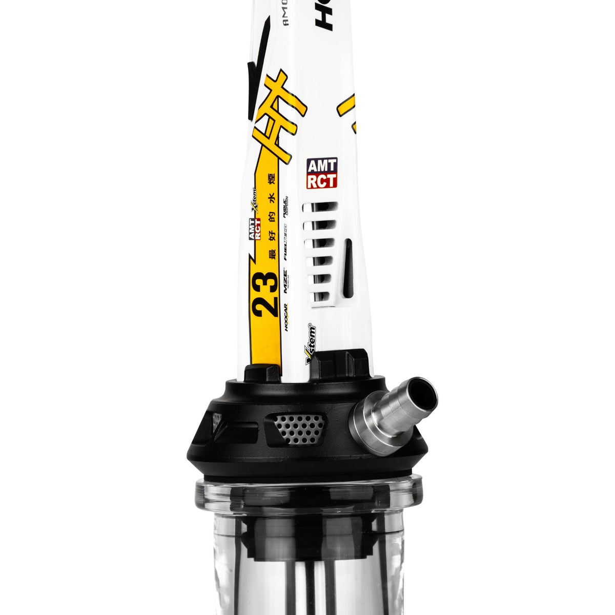 Detail of the Amotion Valve AM23 stainless steel hose connector and purge blow-off vents on the black base above the clear glass base, image 6 of 12