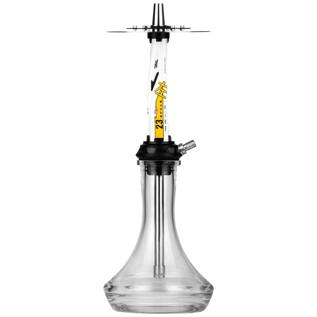 Side view of the Amotion Valve AM23 shisha with the single stainless steel hose connector and MZE Racing Line graphics on the sleeve, image 8 of 12