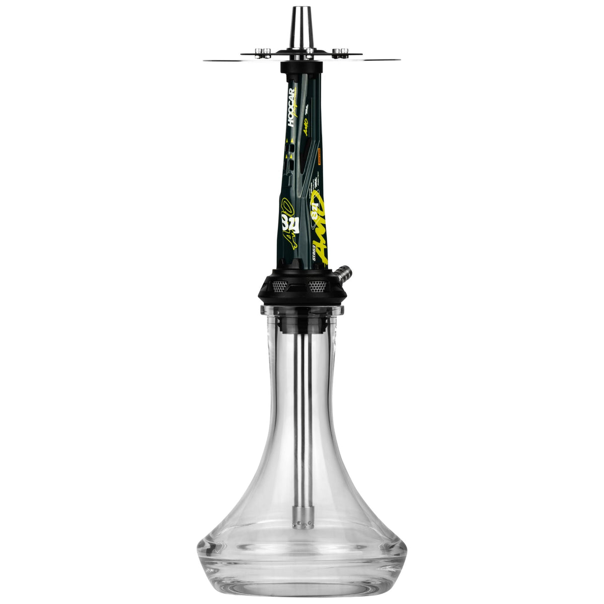 Amotion Valve AM84 shisha front view, the 52cm motorsport flagship with high-gloss racing-green painted-aluminium sleeve and HOOCAR decals, image 2 of 12
