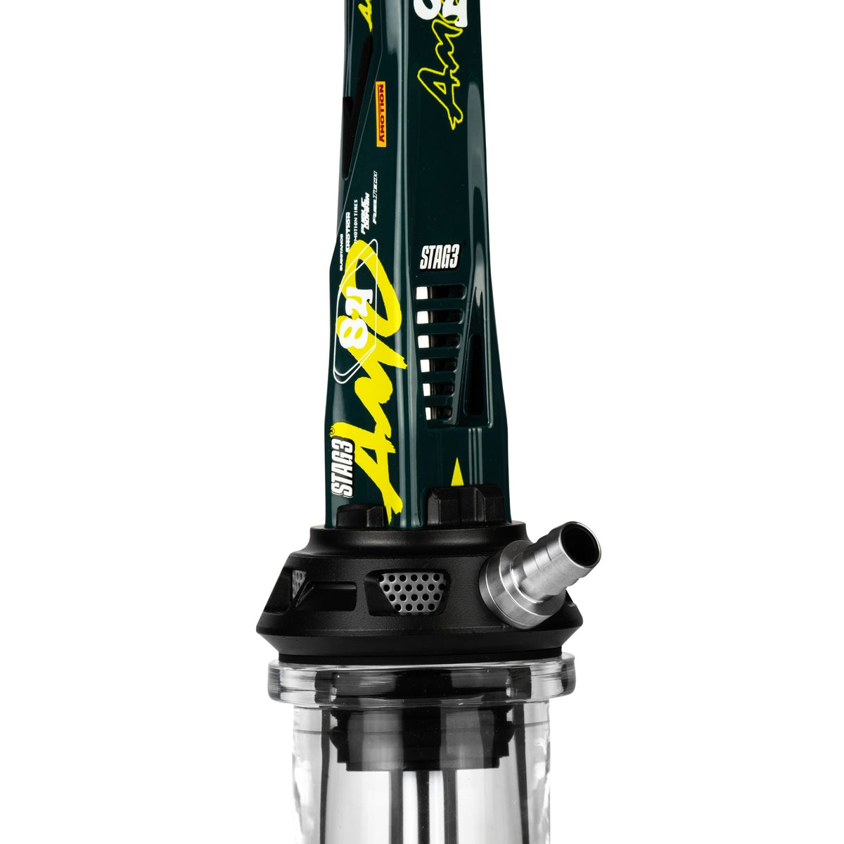Detail of the Amotion Valve AM84 stainless steel hose connector and purge blow-off vents on the black base above the clear glass base, image 6 of 12