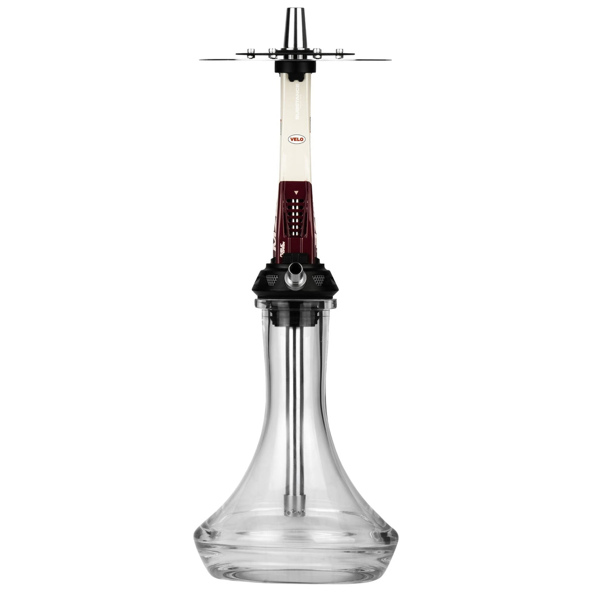 Amotion Valve GT12 shisha with the racing-exhaust blow-off purge vents facing forward, beige and red gloss sleeve and clear glass base, image 9 of 12