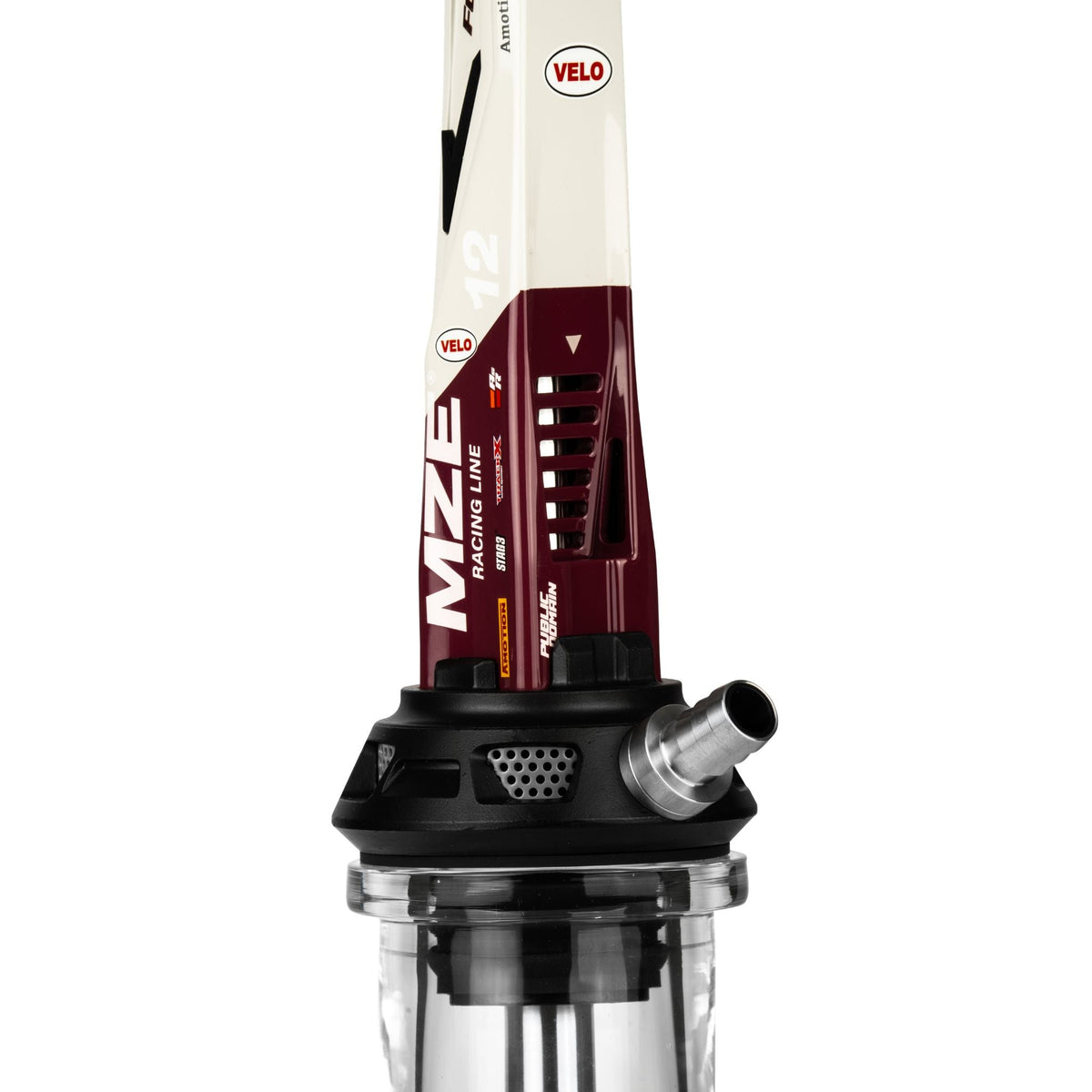 Detail of the Amotion Valve GT12 stainless steel hose connector and purge blow-off vents on the black base above the clear glass base, image 6 of 12