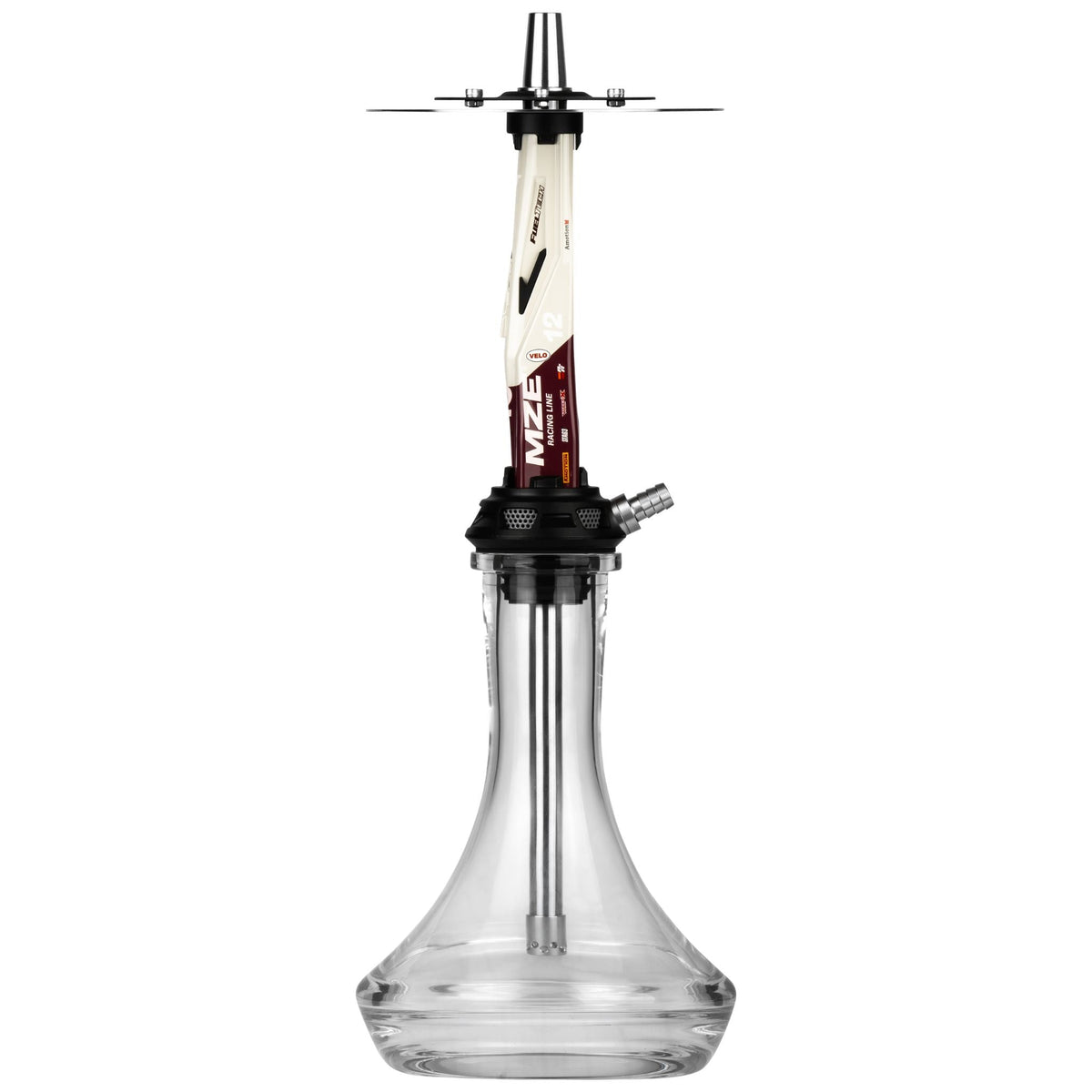 Side view of the Amotion Valve GT12 shisha with the single stainless steel hose connector and MZE Racing Line graphics on the sleeve, image 8 of 12