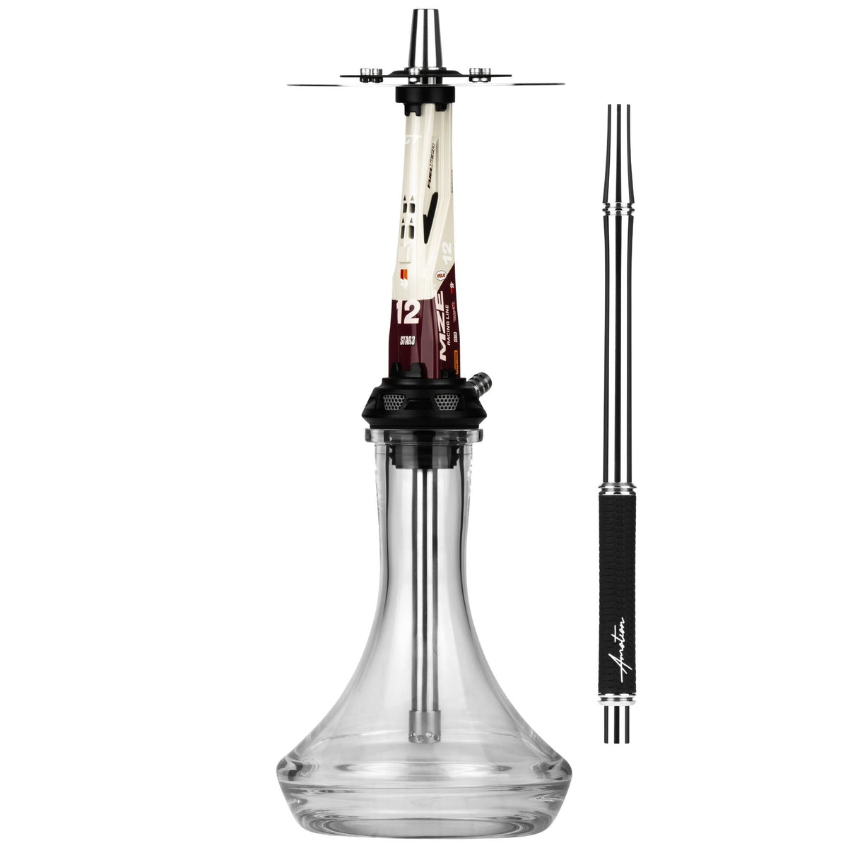 Amotion Valve GT12 shisha and matching braided mouthpiece, side view showing the brake-disc charcoal plate and clear plug-in glass base, image 2 of 12