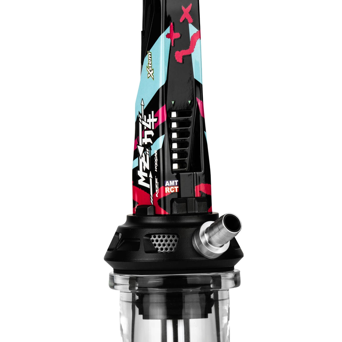 Detail of the Amotion Valve MZ54 stainless steel hose connector and purge blow-off vents on the black base above the clear glass base, image 6 of 11