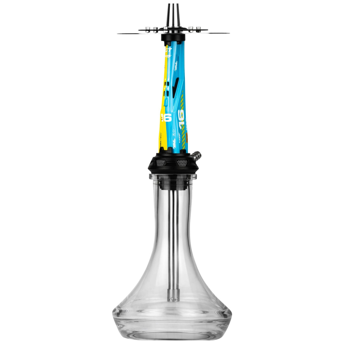 Amotion Valve X16 shisha front view, the 52cm motorsport flagship with high-gloss blue and yellow painted-aluminium sleeve and MZE decals, image 2 of 12