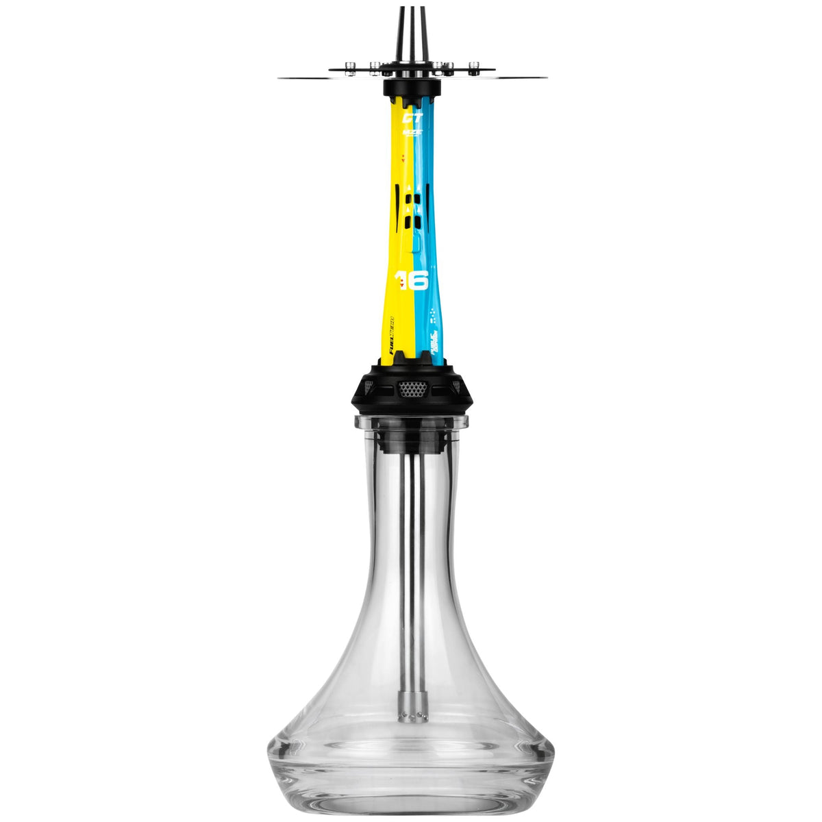 Amotion Valve X16 shisha rear view showing the blue and yellow livery, number 16 panel and chevron vent graphics on the racing sleeve, image 7 of 12