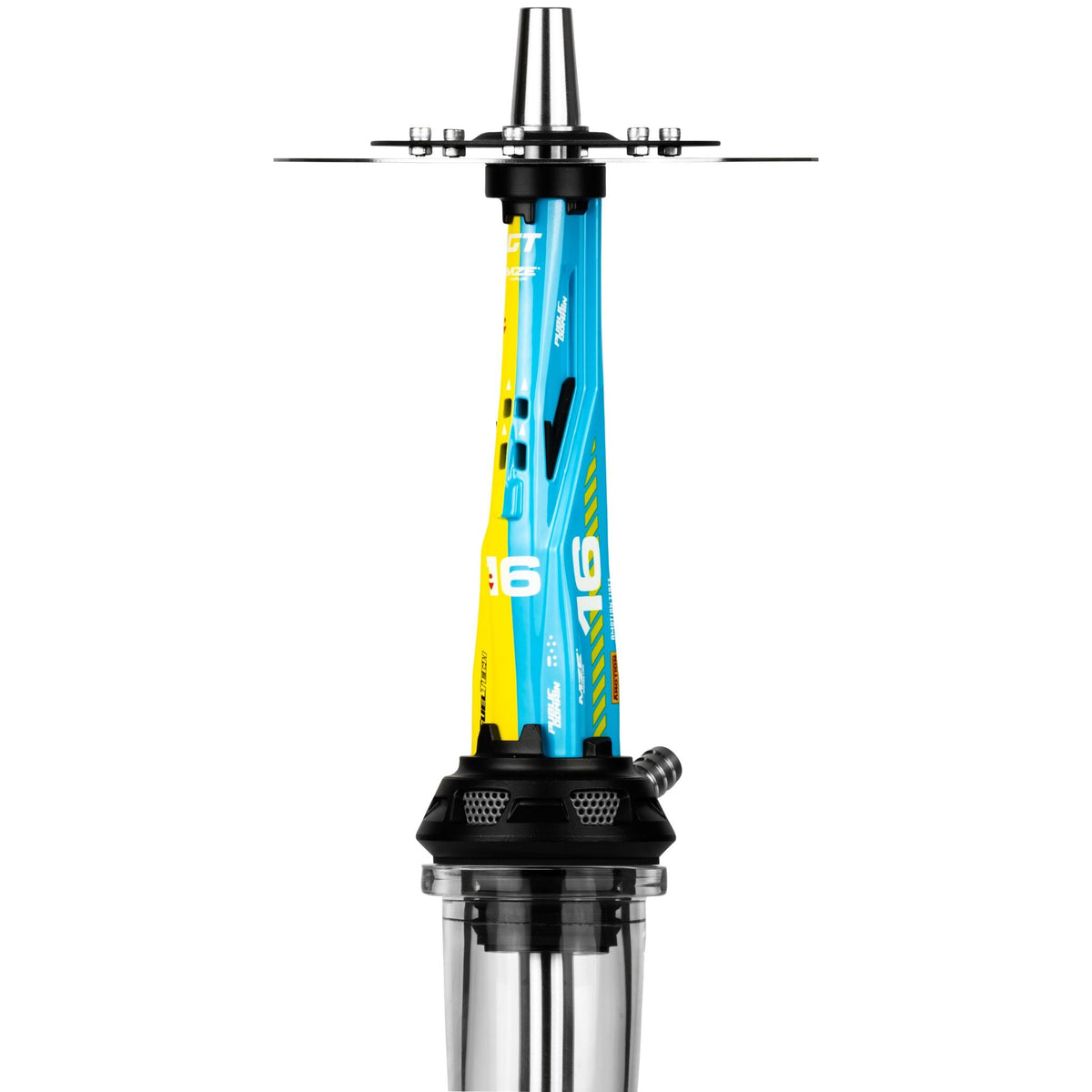 Close-up of the Amotion Valve X16 upper stem and dual stainless steel brake-disc charcoal plate above the blue and yellow race-livery sleeve, image 4 of 12