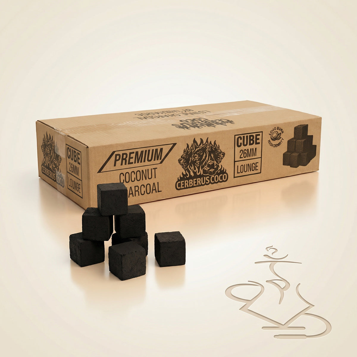 Cerberus Coco 26mm cube coconut shisha charcoal box with three loose cubes stacked beside it on a warm white studio background., image 6 of 11
