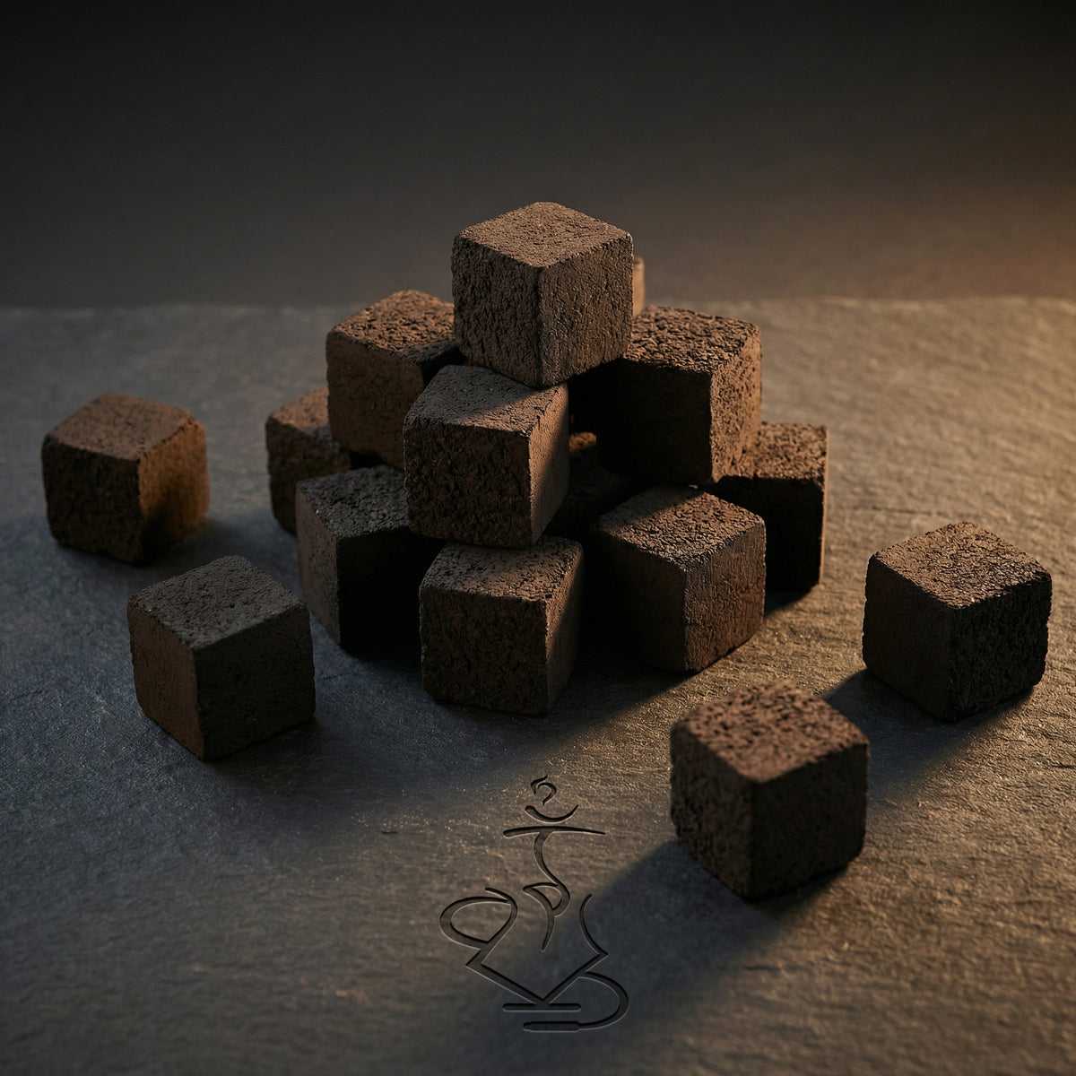 Loose Cerberus Coco 26mm coconut shisha charcoal cubes arranged on a dark stone surface showing individual cube texture and the dense compressed coconut shell composition., image 5 of 11