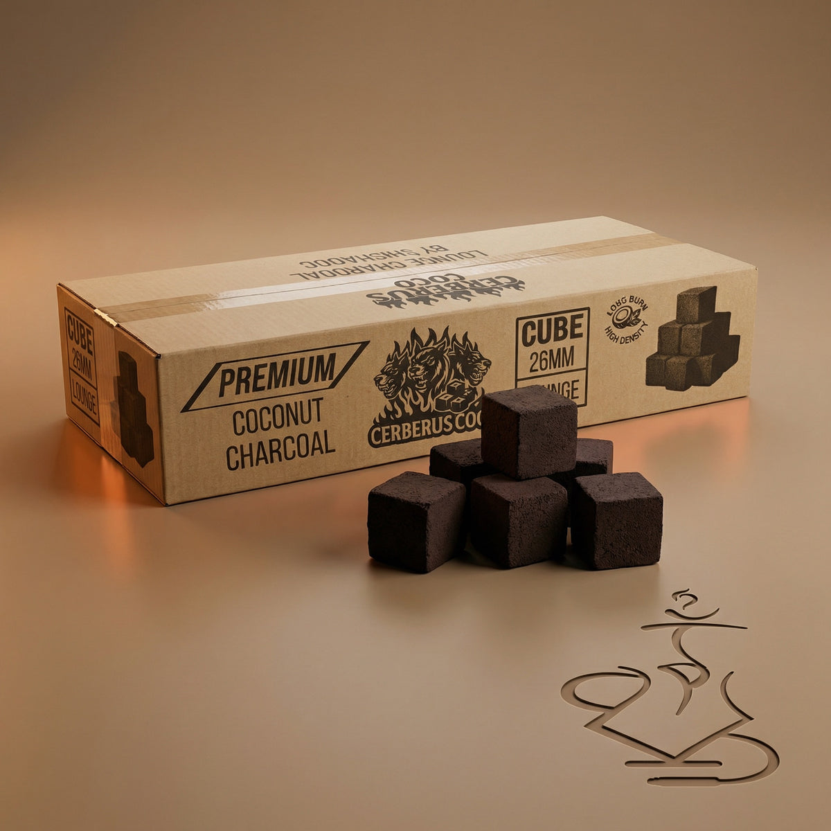 Cerberus Coco 26mm coconut shisha charcoal cubes stacked in a pyramid arrangement on a warm white studio background showing the dense dark compressed coconut shell surface., image 4 of 11