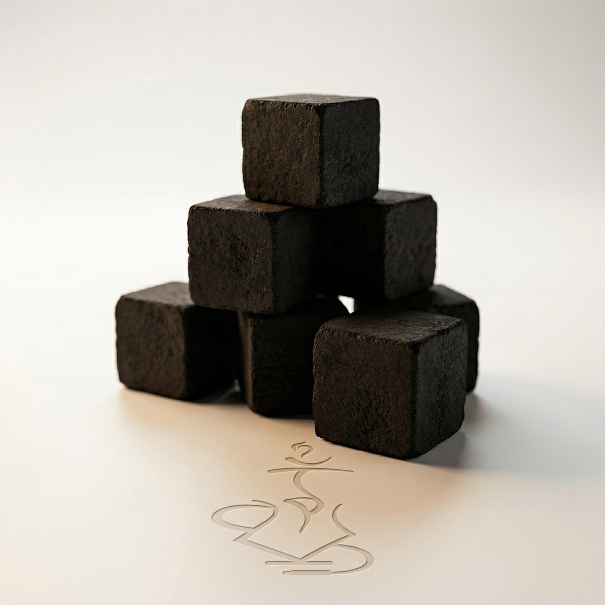 Stack of dark brown square stones on a light surface with a subtle logo., image 11 of 11