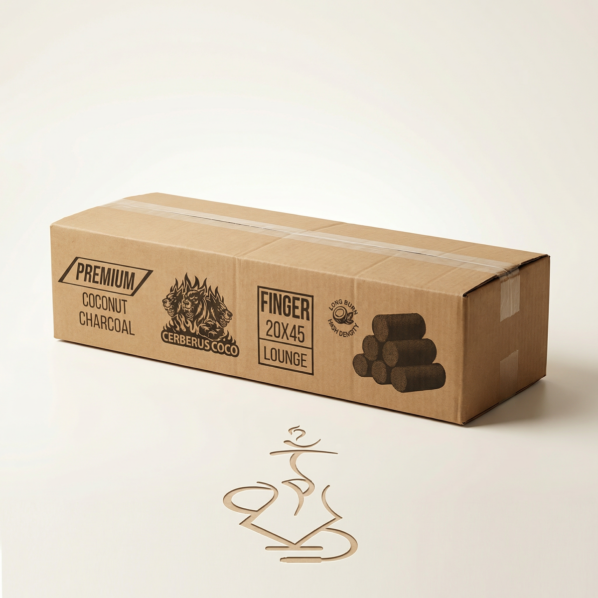 Cerberus Coco Finger 20×45mm 10kg lounge box kraft carton for premium coconut hookah charcoal on a warm white studio background, image 4 of 4