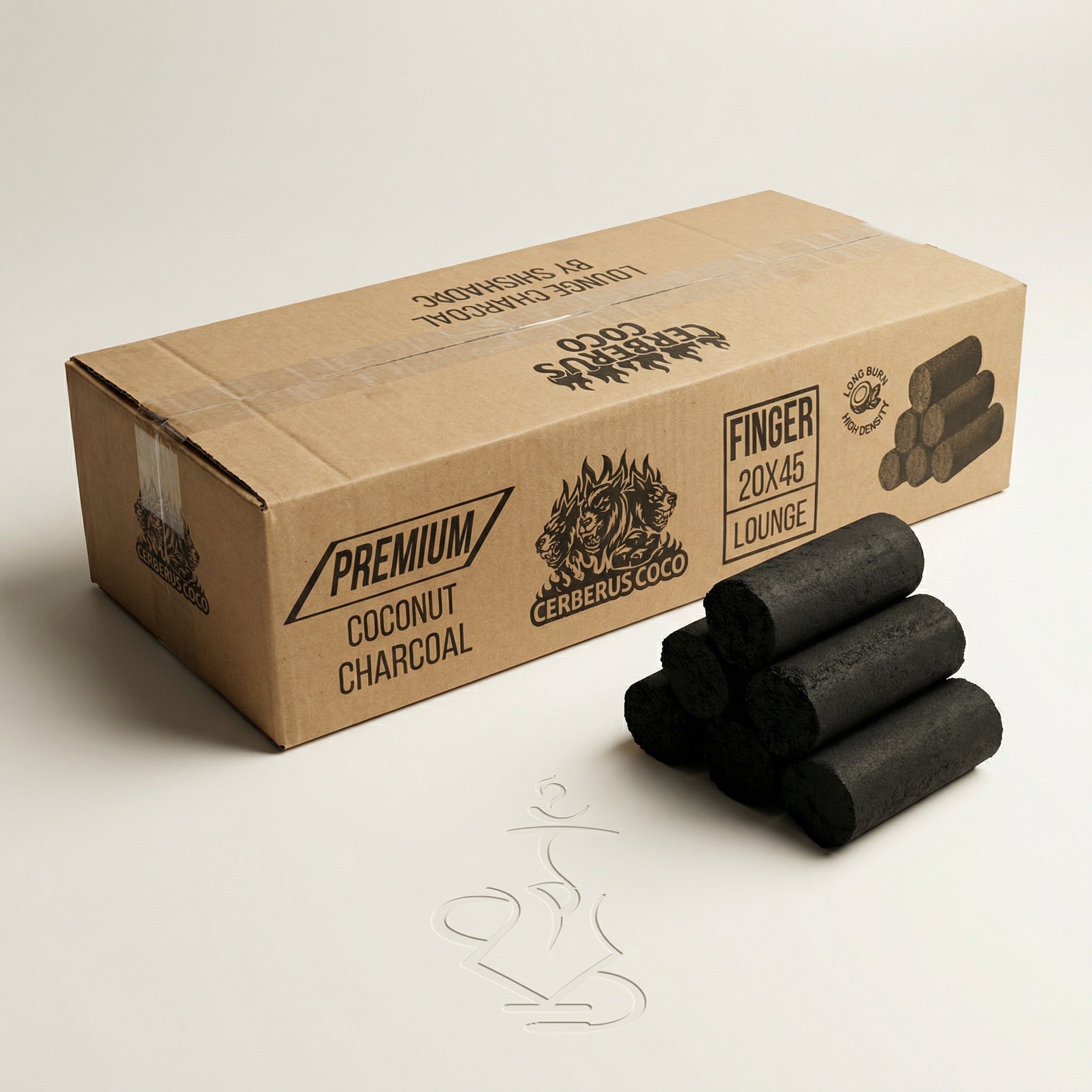 Cerberus Coco Finger 20×45mm coconut charcoal 10kg lounge box with solid cylindrical coals stacked beside it on a warm white studio background