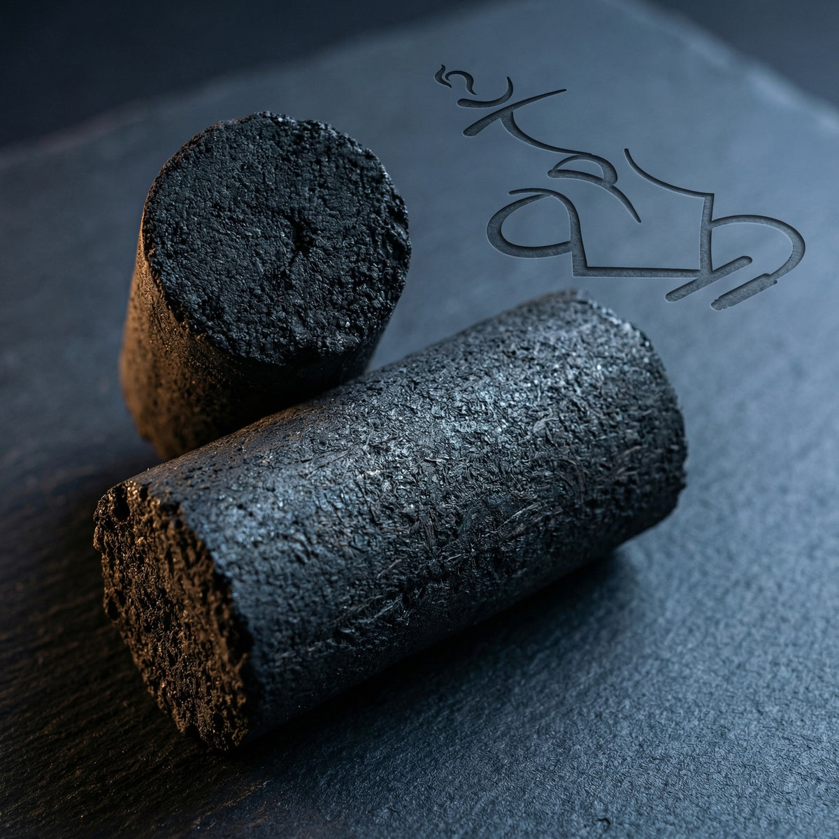 Macro detail of two Cerberus Coco Finger coconut charcoal cylinders on dark slate showing compressed coconut shell surface texture and dense solid cross-section, image 3 of 4