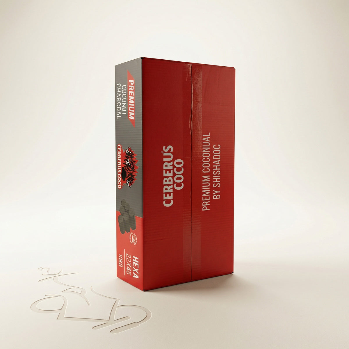 Cerberus Coco Hexa 22×45mm 10kg retail carton standing upright showing front and side panel branding on a warm white studio background, image 5 of 6