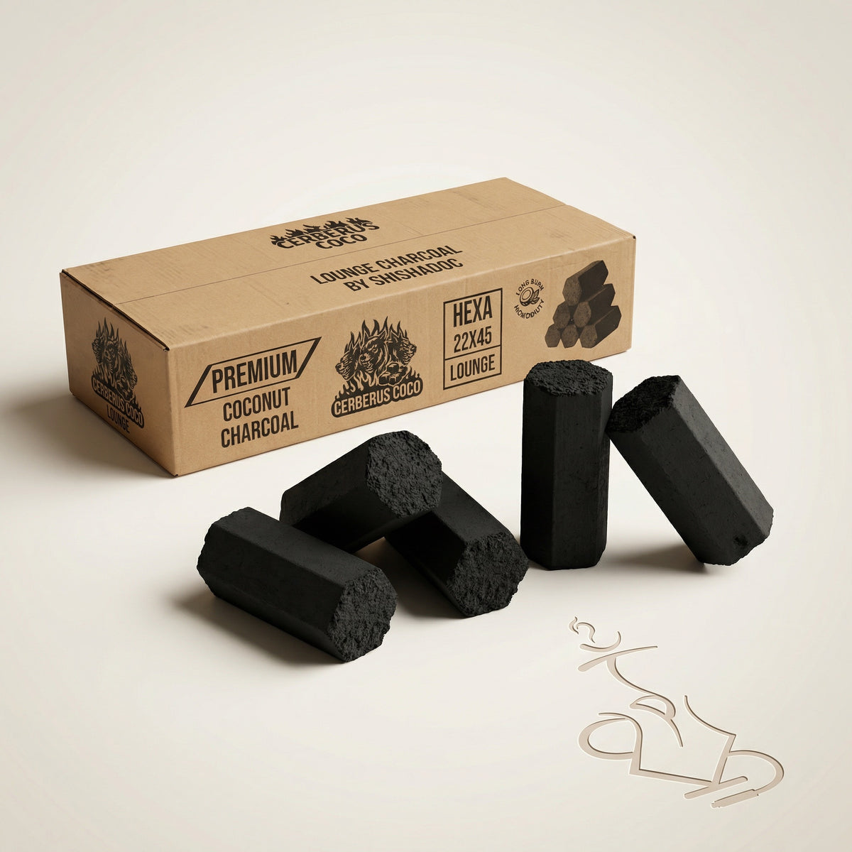 Cerberus Coco Hexa 22×45mm coconut charcoal 10kg lounge box with five loose solid dark hexagonal coal pieces showing dense porous end faces on warm white studio background, image 4 of 5