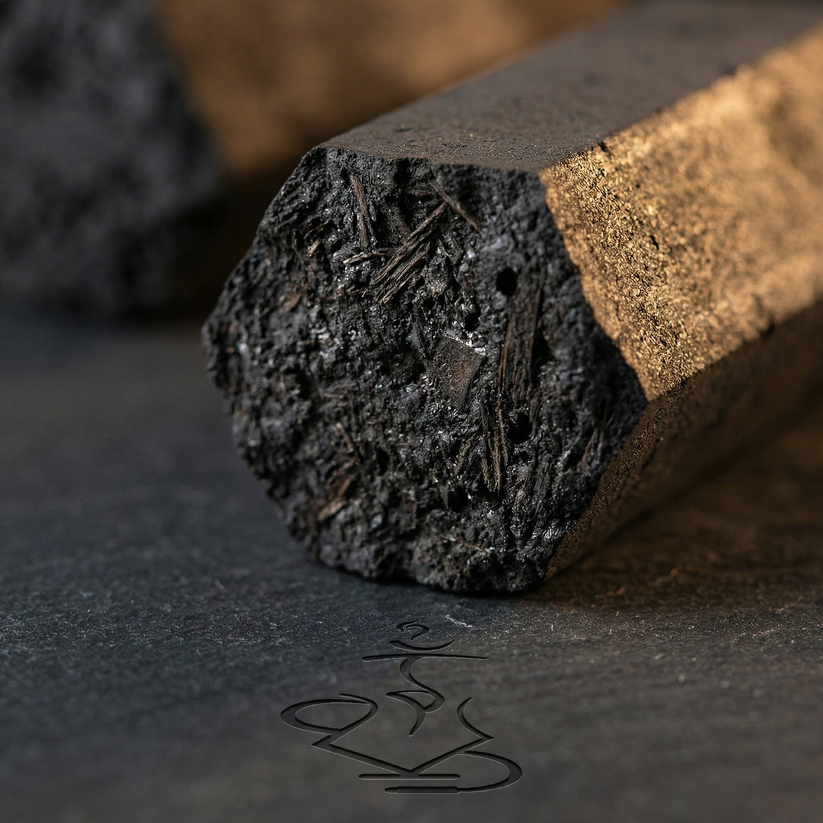 Extreme close-up of Cerberus Coco Hexa coconut charcoal showing dense compressed coconut shell fibre texture on the solid hexagonal end face on dark slate surface, image 4 of 6
