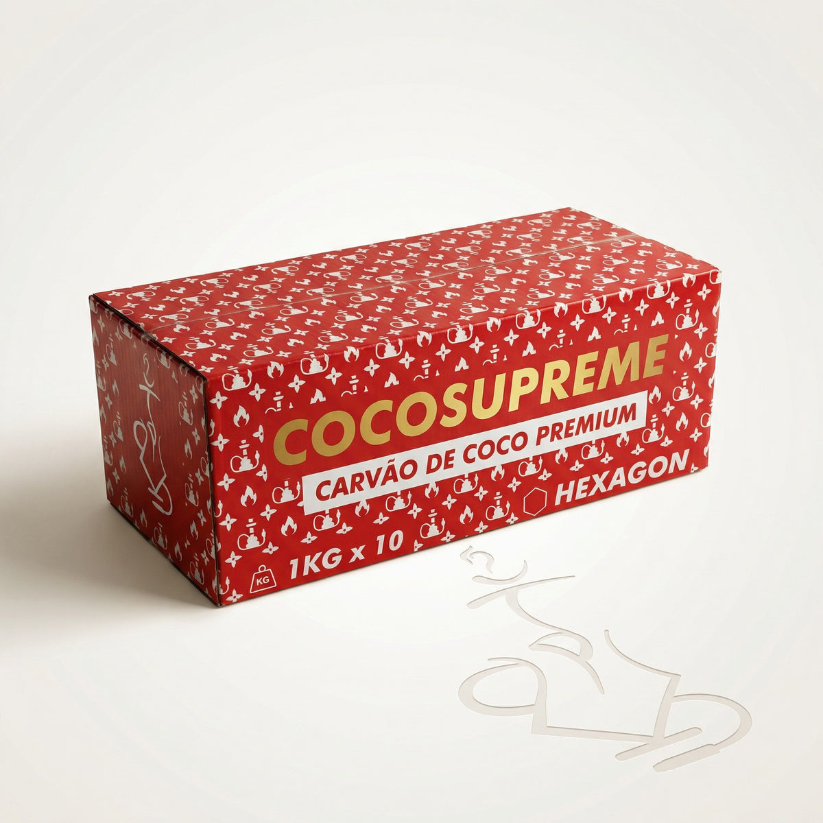 Cocosupreme Hexagon 10kg coconut charcoal master carton in bold red with white hookah monogram pattern and gold branding on a warm white studio background., image 4 of 7