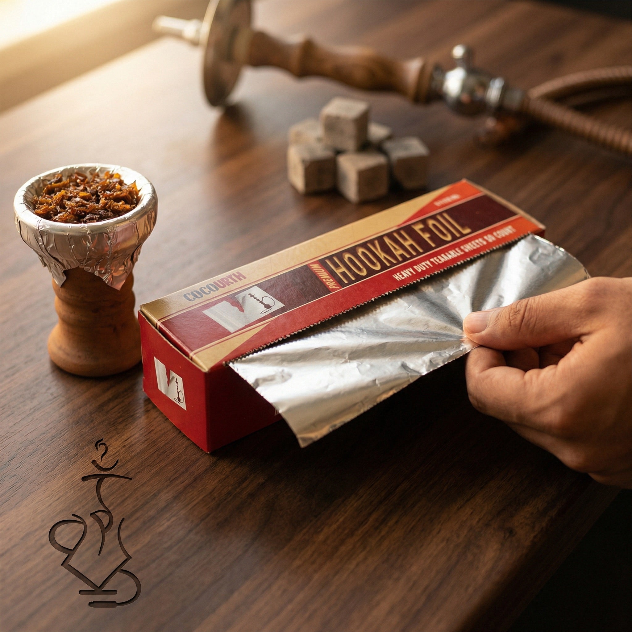 Cocourth Heavy-Duty Shisha Foil being dispensed from the box during hookah bowl preparation, showing clean tear from built-in cutter on a walnut countertop
