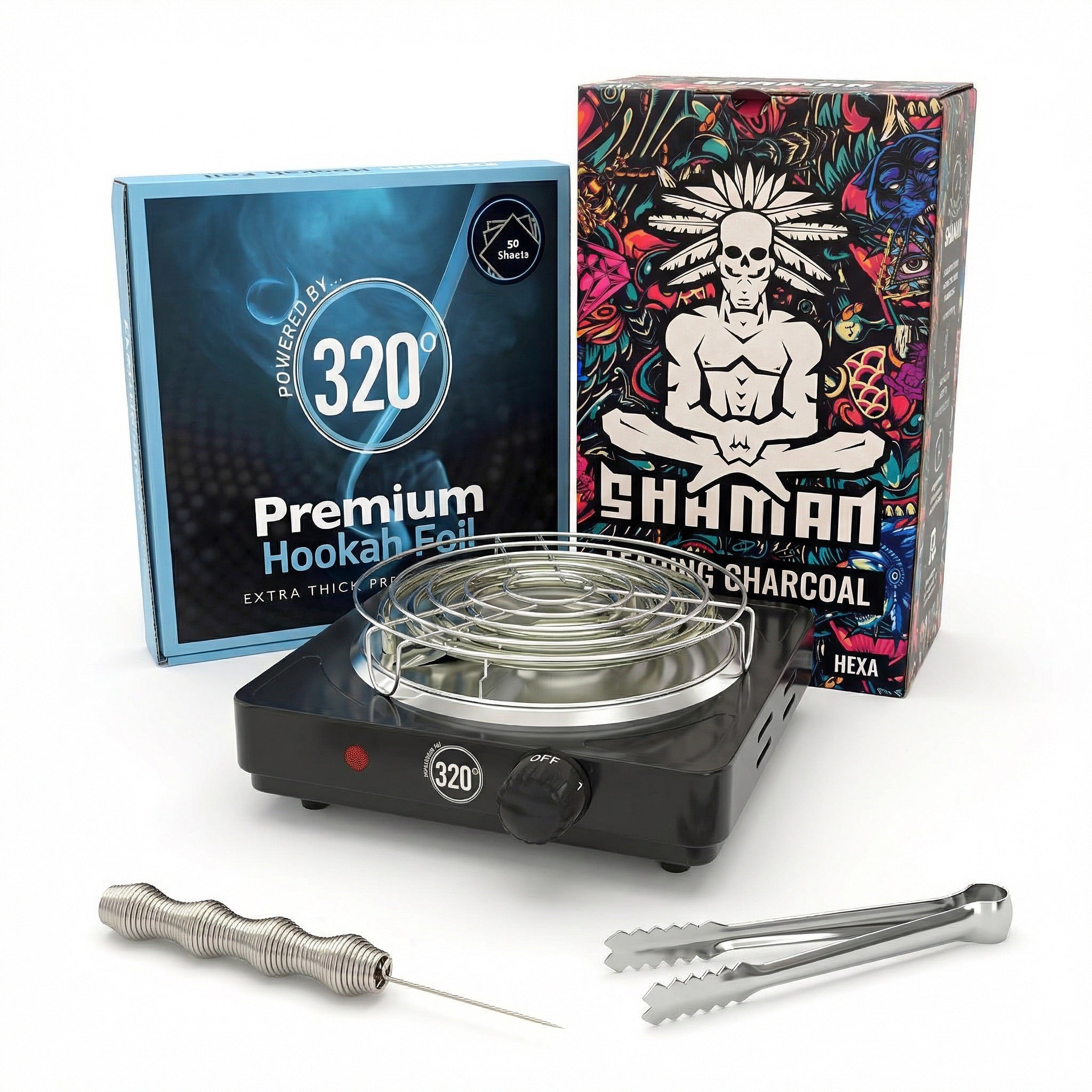 Complete shisha prep kit bundle isolated on white, showing the 320 electric burner, Shaman Hexa coconut charcoal box, 320 premium hookah foil box, Smoothpoke poker and chrome charcoal tongs.
