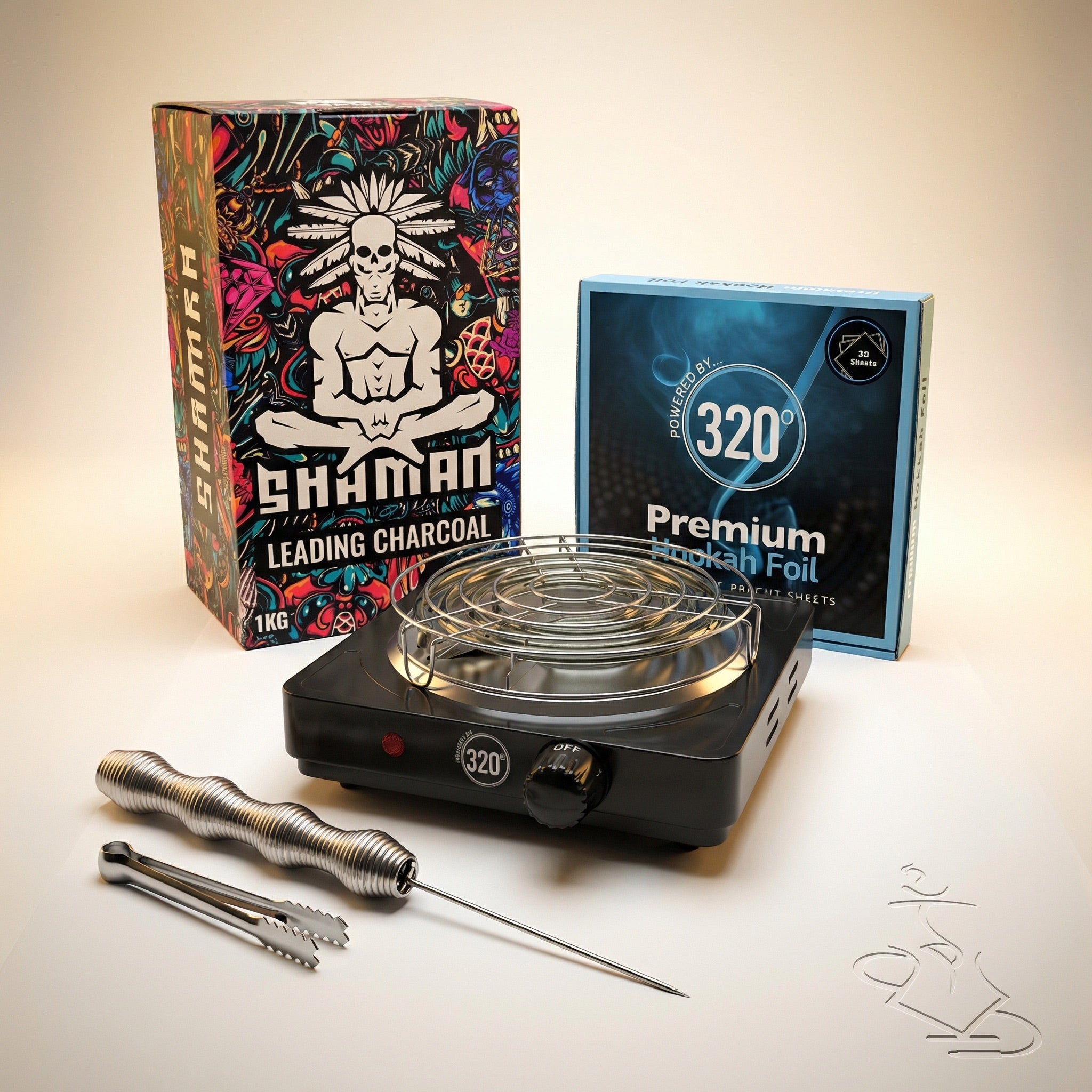 Complete shisha prep kit bundle with Shaman Hexa hexagonal coconut charcoal in a warm white studio, showing the 320 electric burner, premium hookah foil, Smoothpoke poker and tongs from The Premium Way Melbourne.