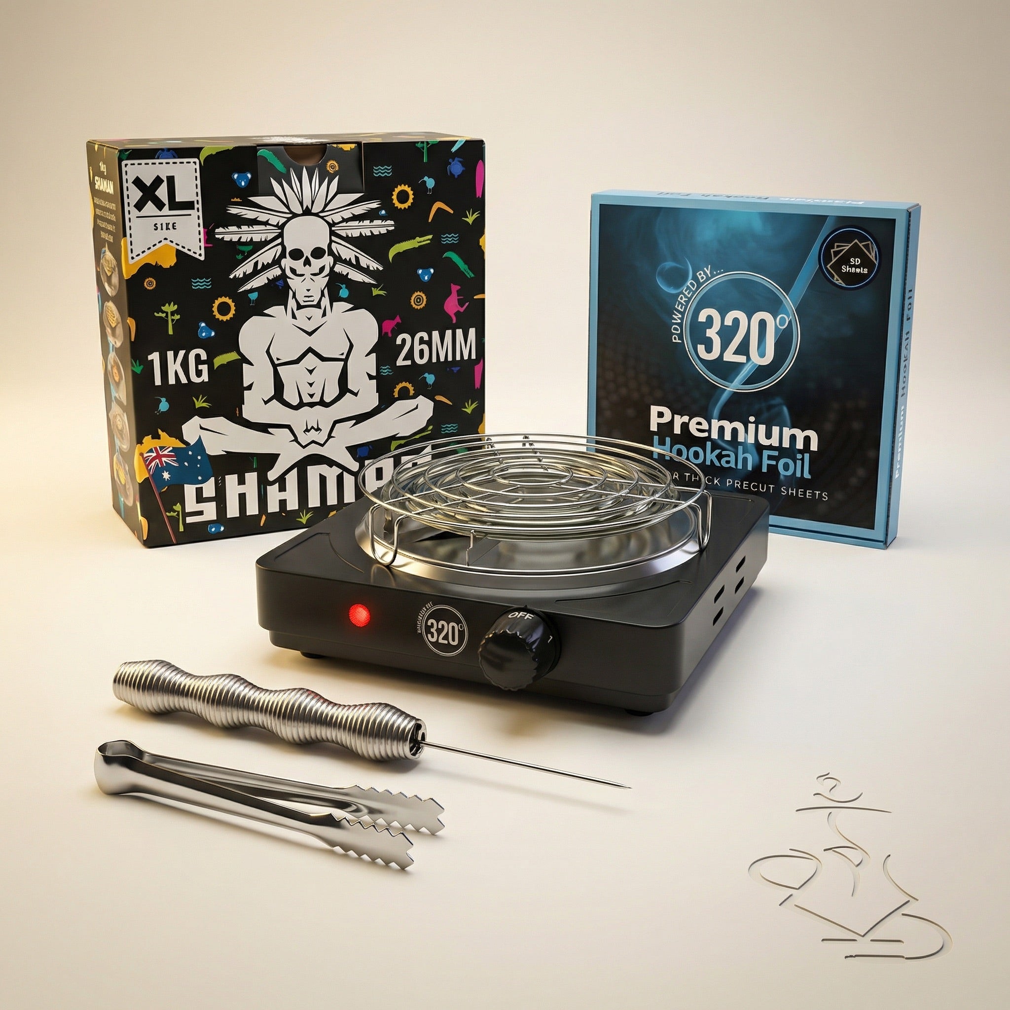 Complete shisha prep kit bundle with Shaman XL 26mm coconut charcoal in a warm white studio, showing the 320 electric burner, premium hookah foil, Smoothpoke poker and tongs from The Premium Way Melbourne.