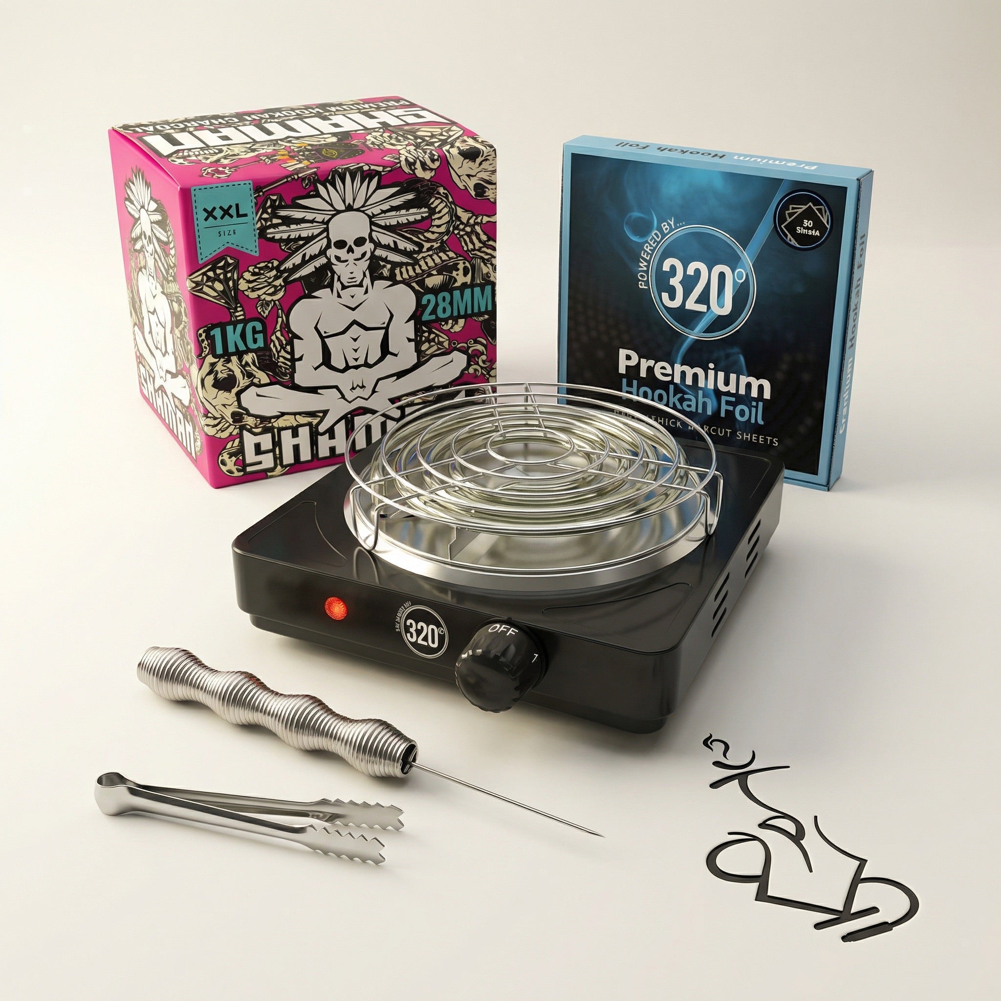 Complete shisha prep kit bundle with Shaman XXL 28mm coconut charcoal in a warm white studio, showing the 320 electric burner, premium hookah foil, Smoothpoke poker and tongs from The Premium Way Melbourne.