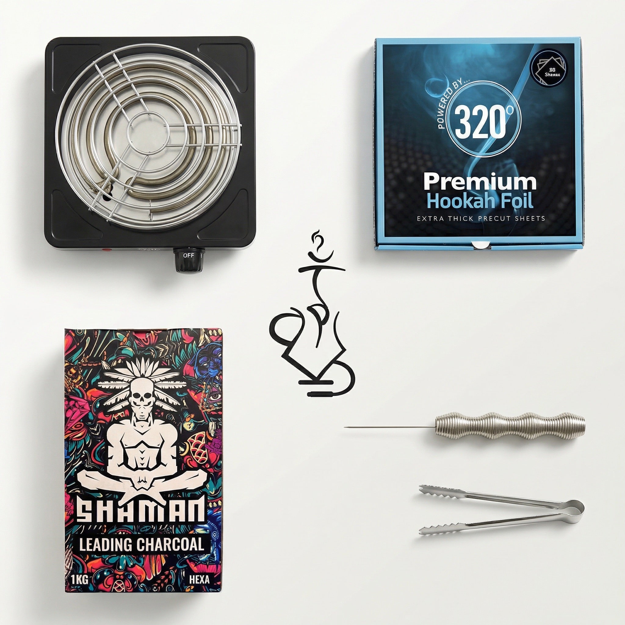 Overhead flat lay of the complete shisha prep kit bundle laid out across a warm white studio surface, showing the 320 electric burner, 320 premium hookah foil box, Shaman Hexa coconut charcoal, Smoothpoke poker and tongs.