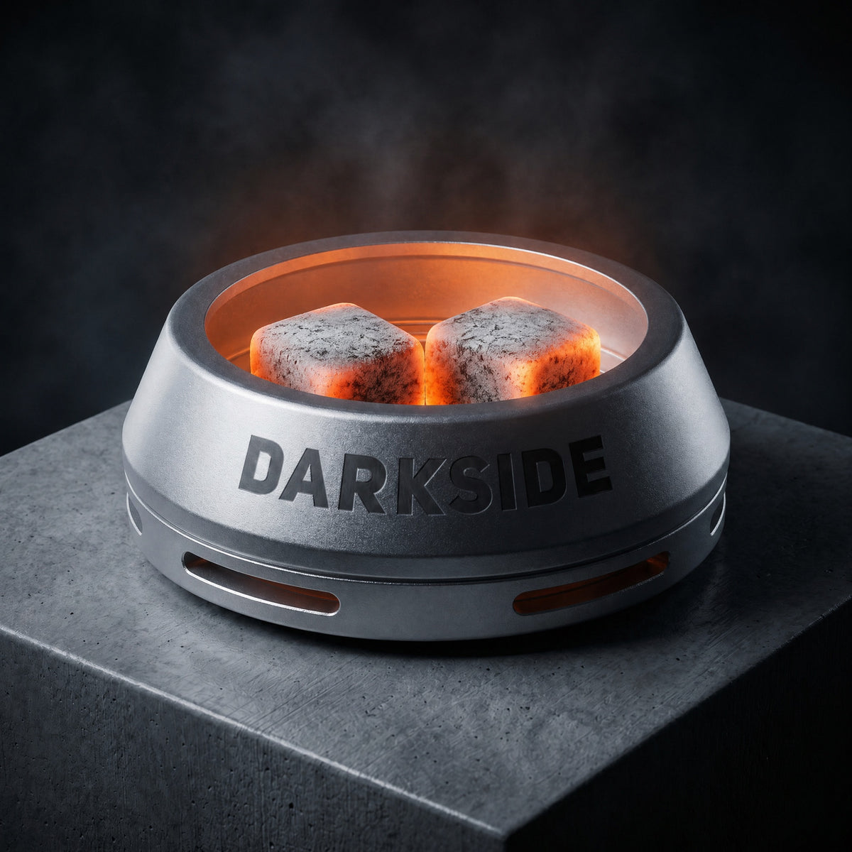 Darkside D-Heater Silver with three lit coconut coal cubes glowing inside the open chamber, image 5 of 21
