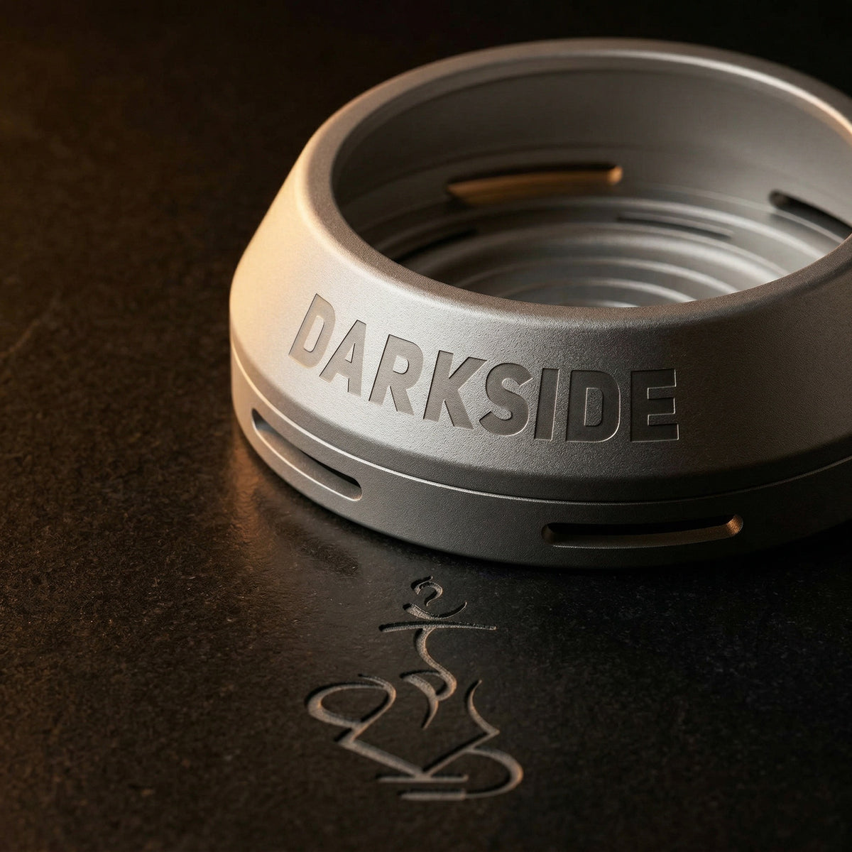 Darkside D-Heater Silver HMD isolated on pure white, showing the full lidless aluminium ring and concentric interior coal platform., image 20 of 21