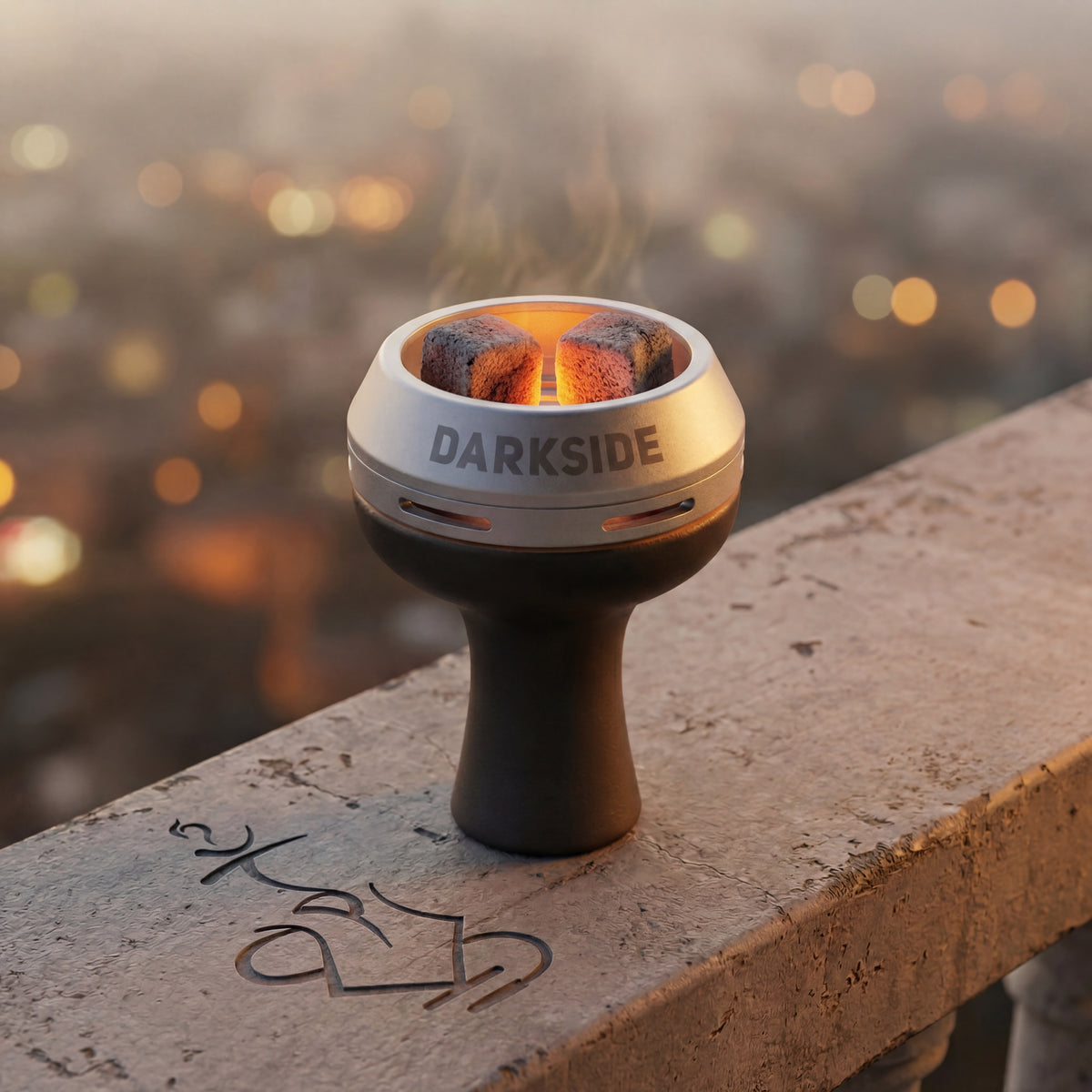 Darkside D-Heater Silver HMD loaded with glowing coconut coals on a phunnel bowl at a dusk balcony session, buy online from Melbourne's premium shisha store., image 19 of 21
