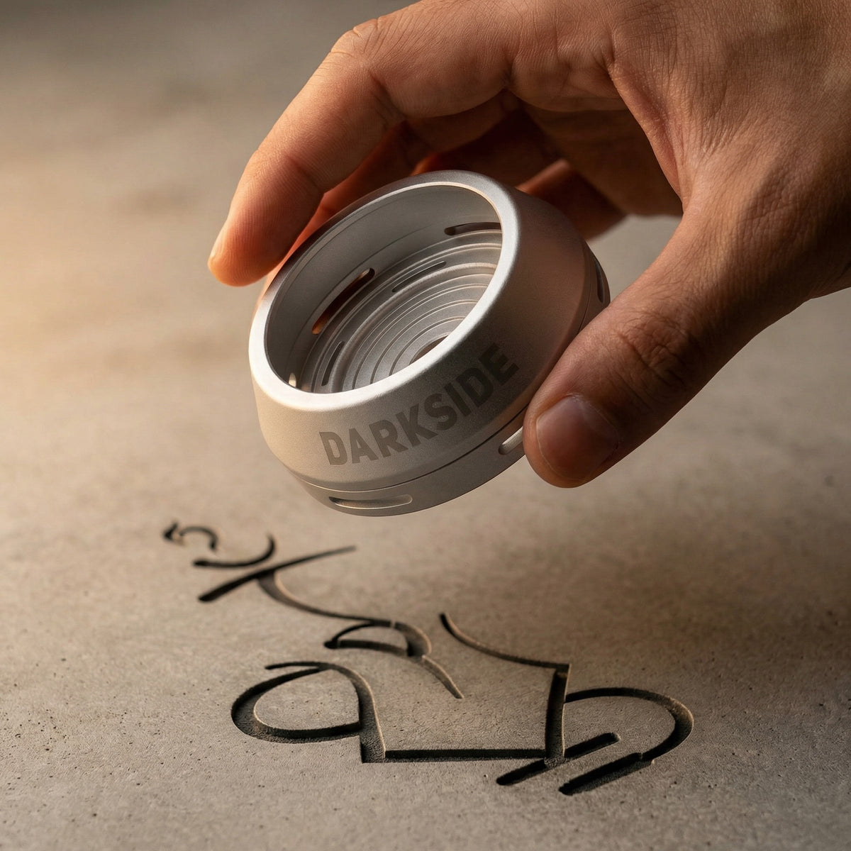 Hand holding the compact Darkside D-Heater Silver HMD over a concrete surface, showing its true size and lidless open-top coal access., image 17 of 21