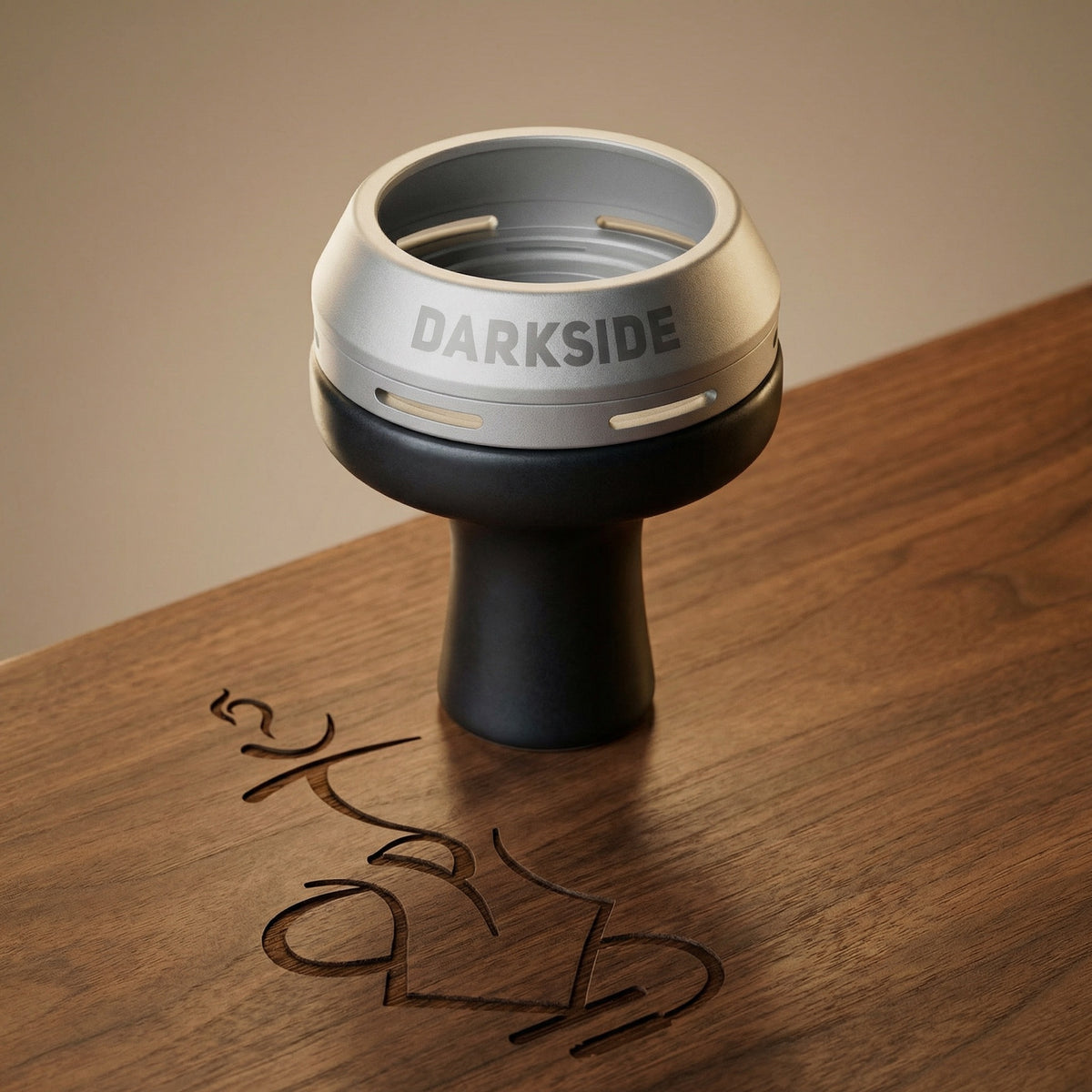 Darkside D-Heater Silver HMD seated on a flat-lipped phunnel bowl atop warm walnut, demonstrating fit for foil-free phunnel setups., image 16 of 21