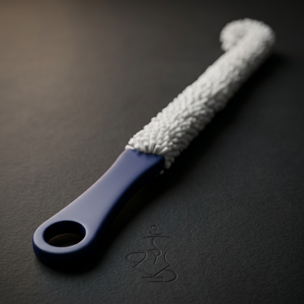 Close-up of Empire base cleaning brush showing firm white nylon bristle tufts and navy blue handle on a dark surface
