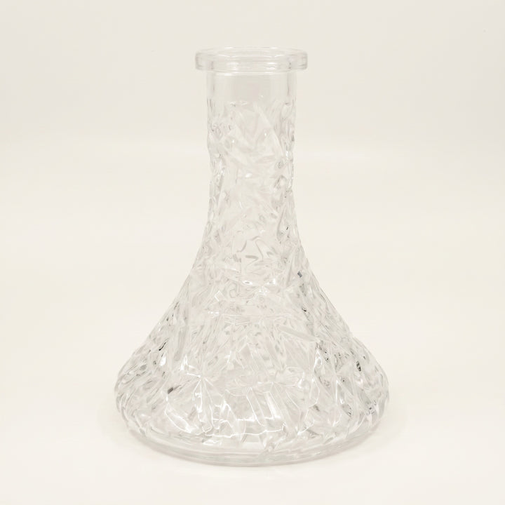 Essentials Crystal-Cut Clear Russian shisha vase, three-quarter view, dense pressed-cut faceting on clear glass with 45mm Russian-fit neck