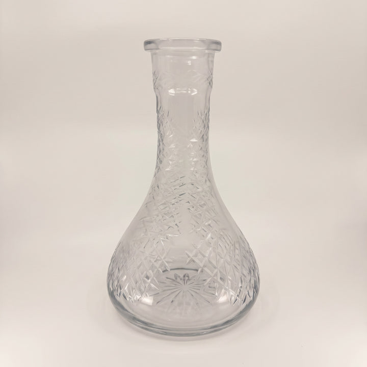 Etched Diamond Clear Russian shisha vase by Essentials, classic teardrop body with diamond hatch-cut pattern across clear glass, 45mm Russian fit