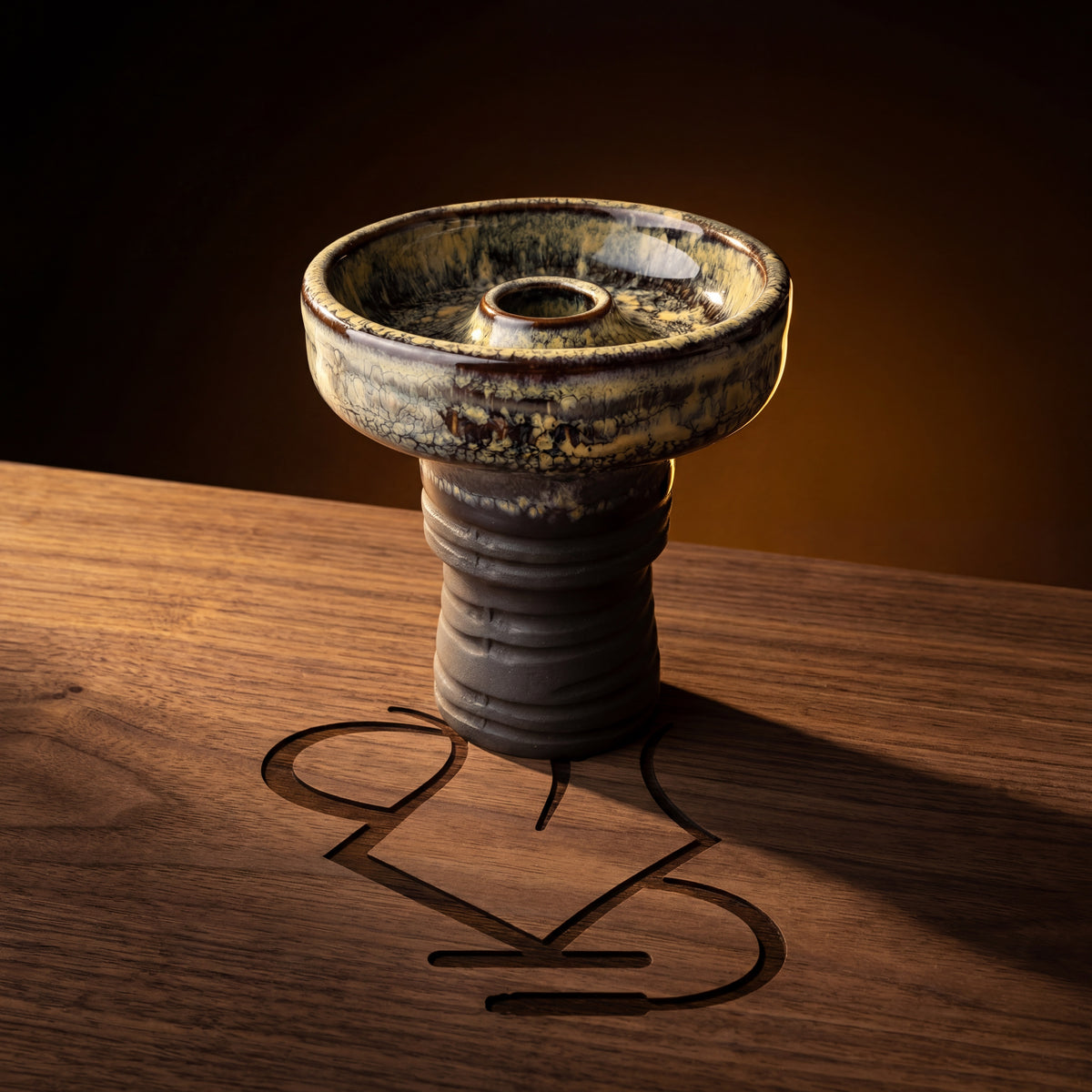 Knight Phunnel Bowl Sentinel shown on dark walnut with warm rim lighting and stacked ring stem detail, image 3 of 7