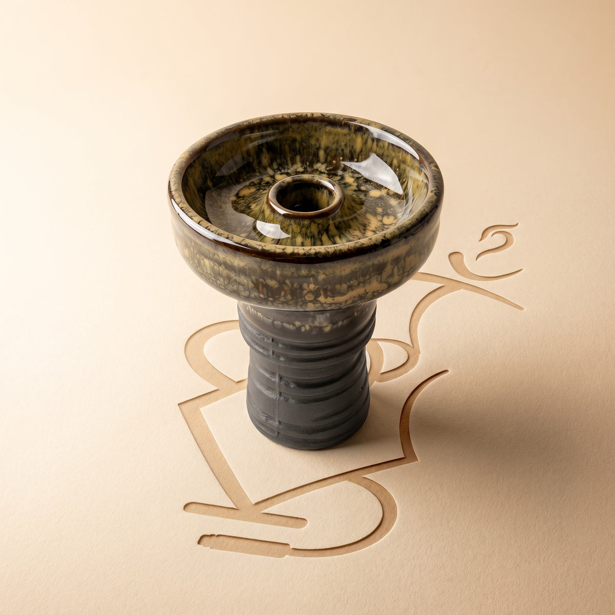Knight Phunnel Shisha Bowl in Sentinel glaze — crystalline olive and cream bowl on raw charcoal ceramic stem, image 2 of 7