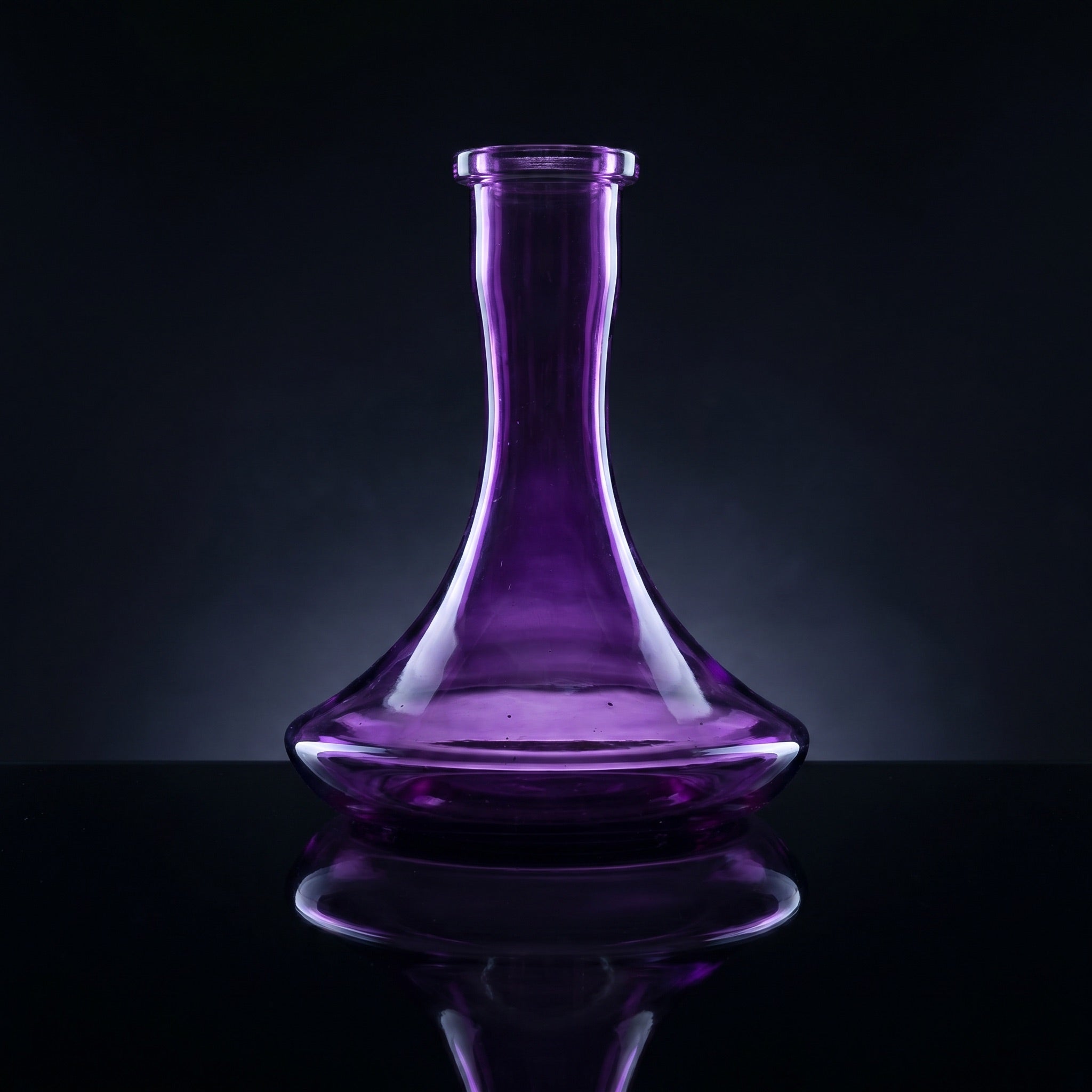 Purple Russian shisha vase backlit on polished black mirror, vivid amethyst glass glowing from within, art-glass catalogue register