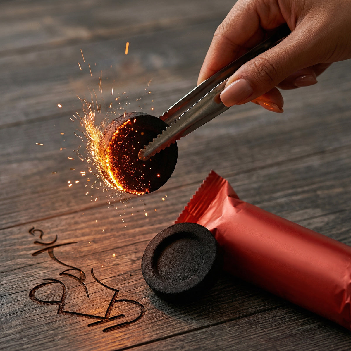 Essentials Quick-Light Charcoal tablet held in hookah tongs mid-ignition, bright orange sparks spreading across the edge on a dark wood session surface., image 2 of 11