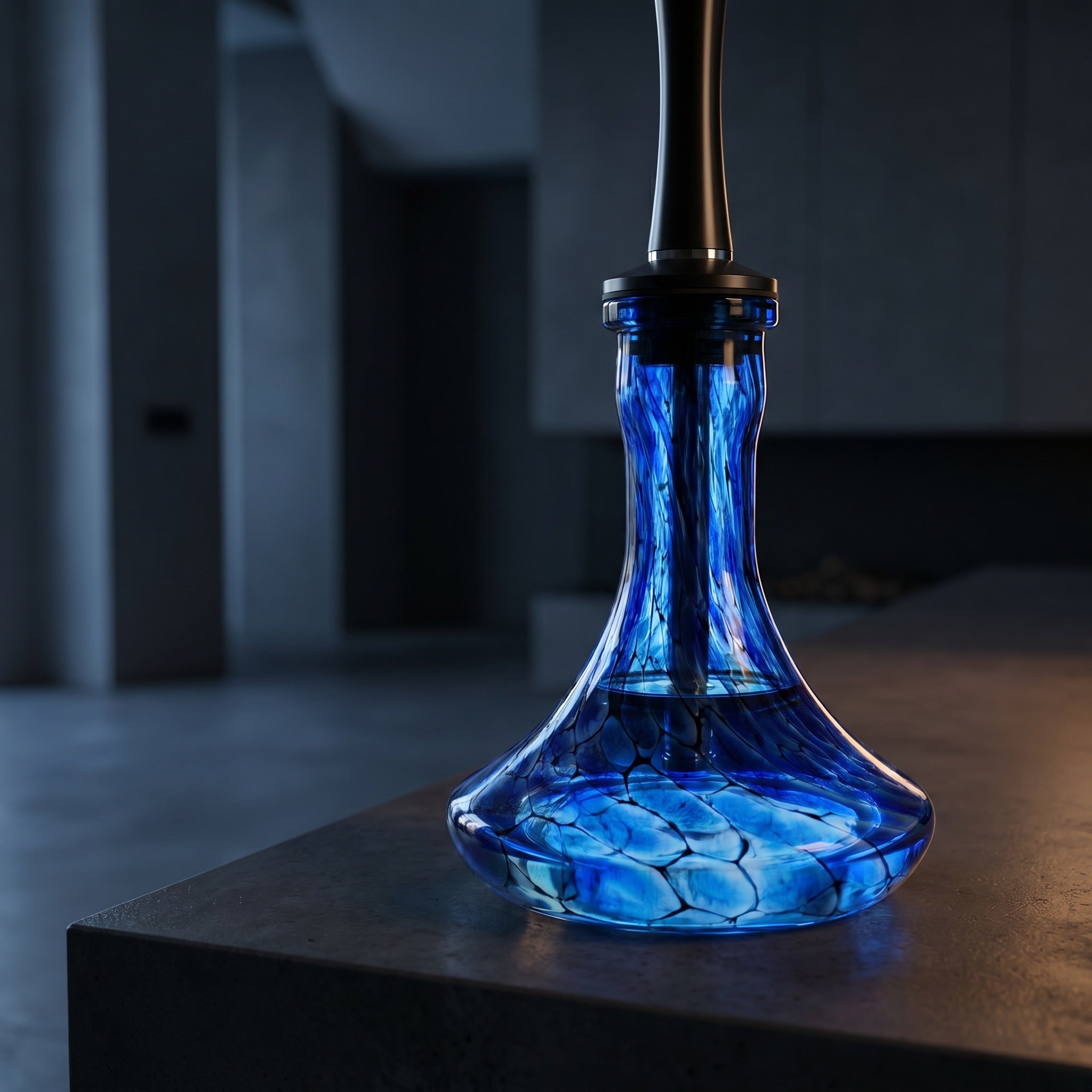 Sapphire Web vase by Essentials seated on Russian-fit shisha stem with water at correct level, cobalt crackle glass
