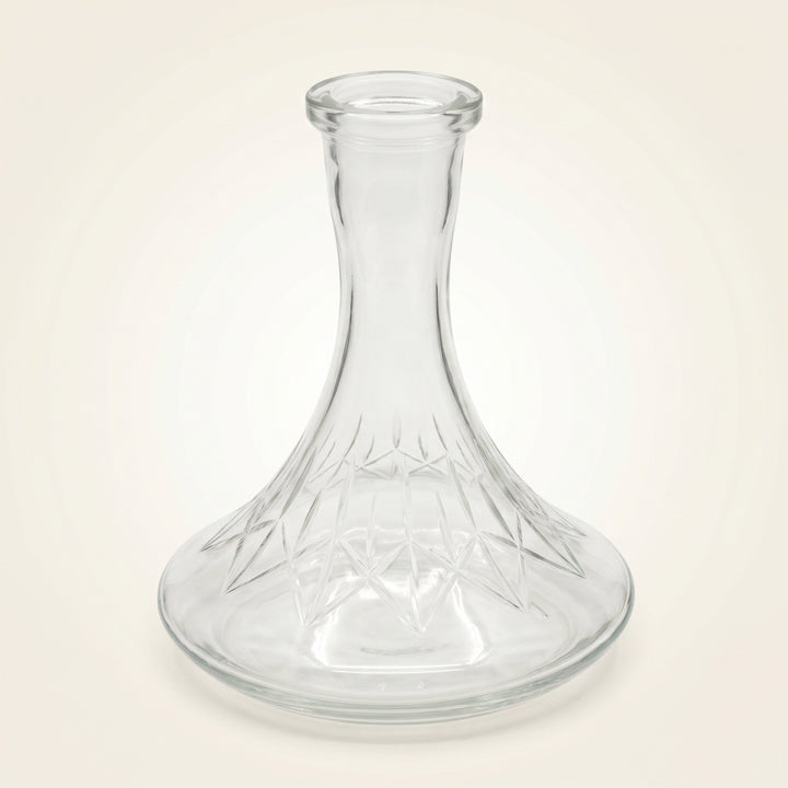 Essentials Star-Cut Clear Russian shisha vase, three-quarter studio view showing cut belly pattern and 45mm Russian neck