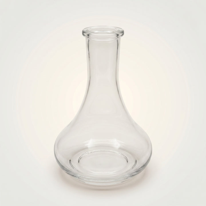 Essentials Tear Drop Russian shisha vase in clear hand-blown glass, three-quarter studio view showing the 45mm Russian-fit teardrop silhouette