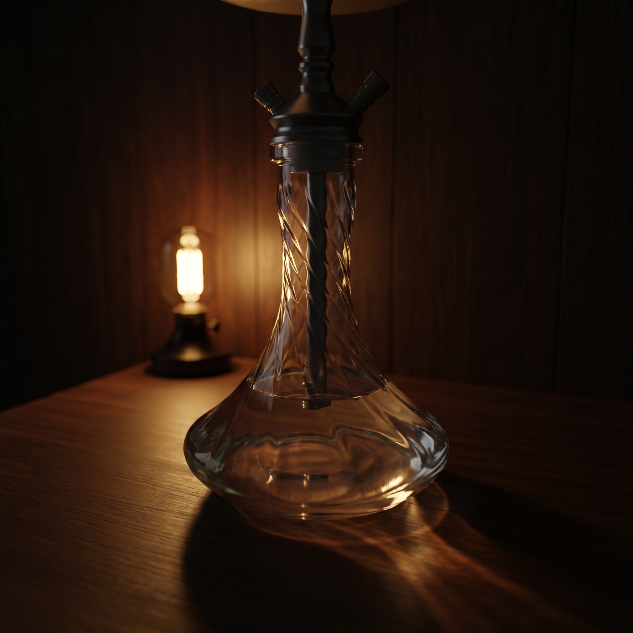 Essentials Twist Clear shisha vase mounted on a hookah at low light, moulded spiral catching warm lamp glow across dark wood