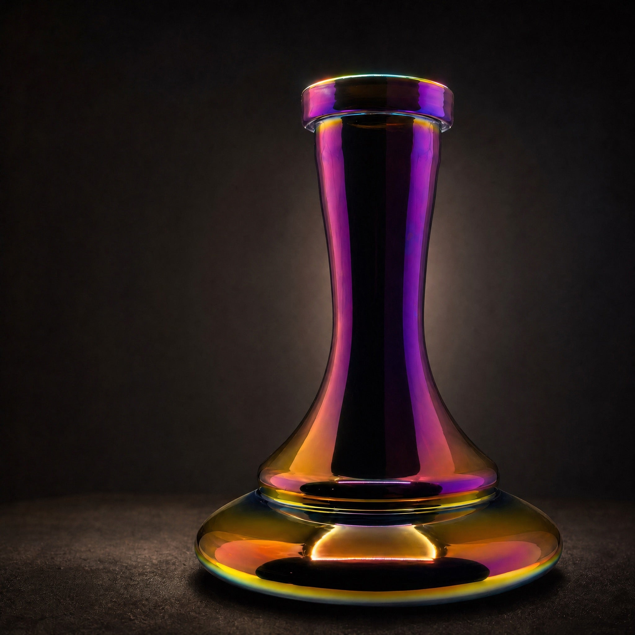 Hookah Tree Aurora iridescent shisha vase displayed in gallery vitrine, rainbow halo at lip and pedestal rim