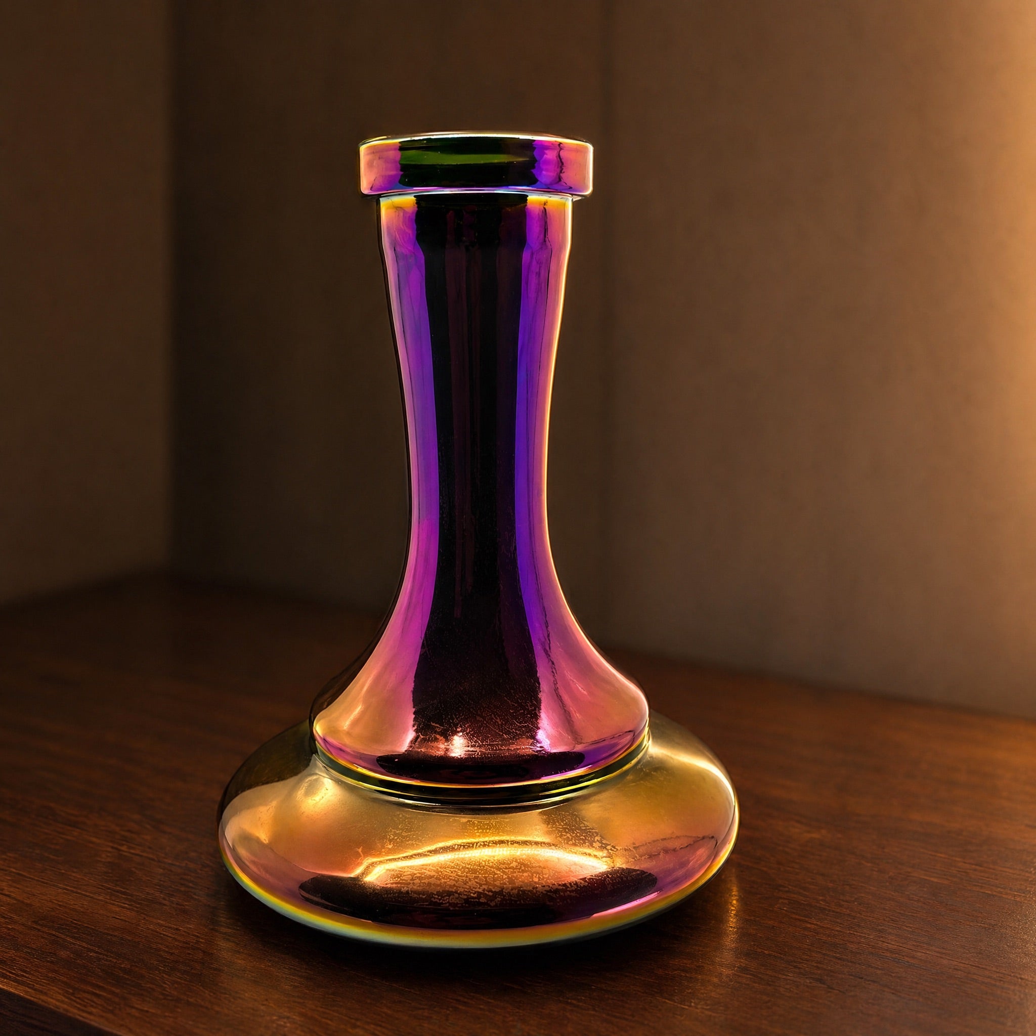Hookah Tree Aurora shisha vase on walnut shelf, warm gold and amber tones across iridescent metallic finish