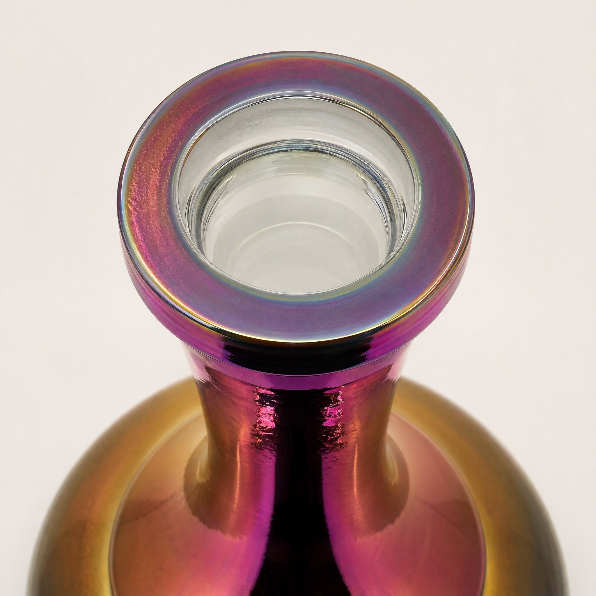 Hookah Tree Aurora top-down view showing iridescent exterior coating and unfinished clear glass interior cavity